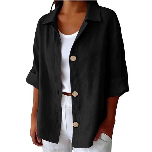 MSJUHEG Button Down Shirts Women 3/4 Sleeve Shirts Collared Tops Summer Cotton Linen Tops stretchy shirt women Women's Tunics Cute T Shirts A4 Black L