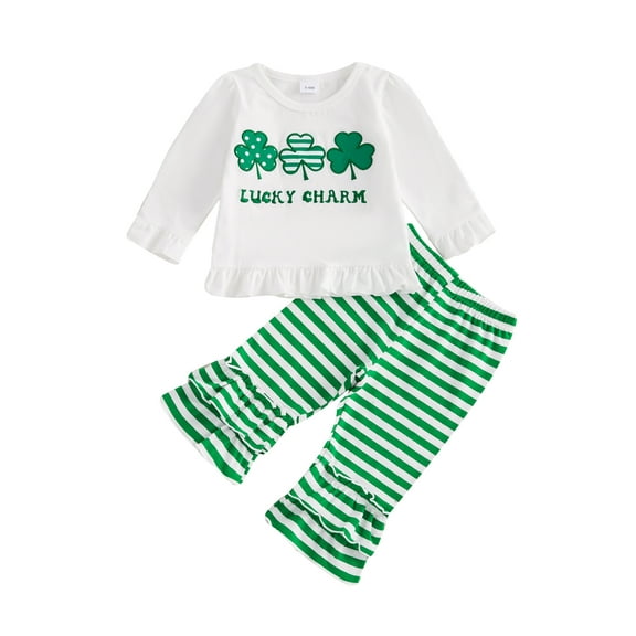 Toddler Baby Girls Ruffled Clothing Set 3 6 12 18 24 Months 2T 3T Four Leaf Clover Embroidered Long Sleeve Round Neck Tops Striped Long Pants 2-Piece Fall Outfits