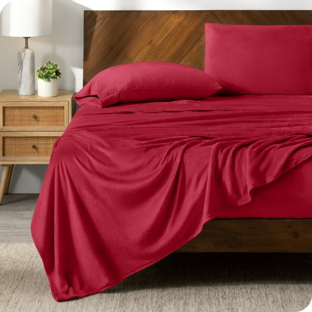 Bare Home Ensemble de Draps en Molleton Microplush - Ultra Doux - Poche Profonde - Très Grand, Rouge