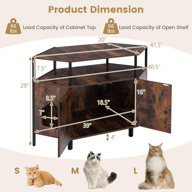 Corner Cat Litter Box Enclosure Litter Box Corner Cabinet with 2 Entrances Open Shelf and Double Doors Industrial Modern Style Hidden Litter Box