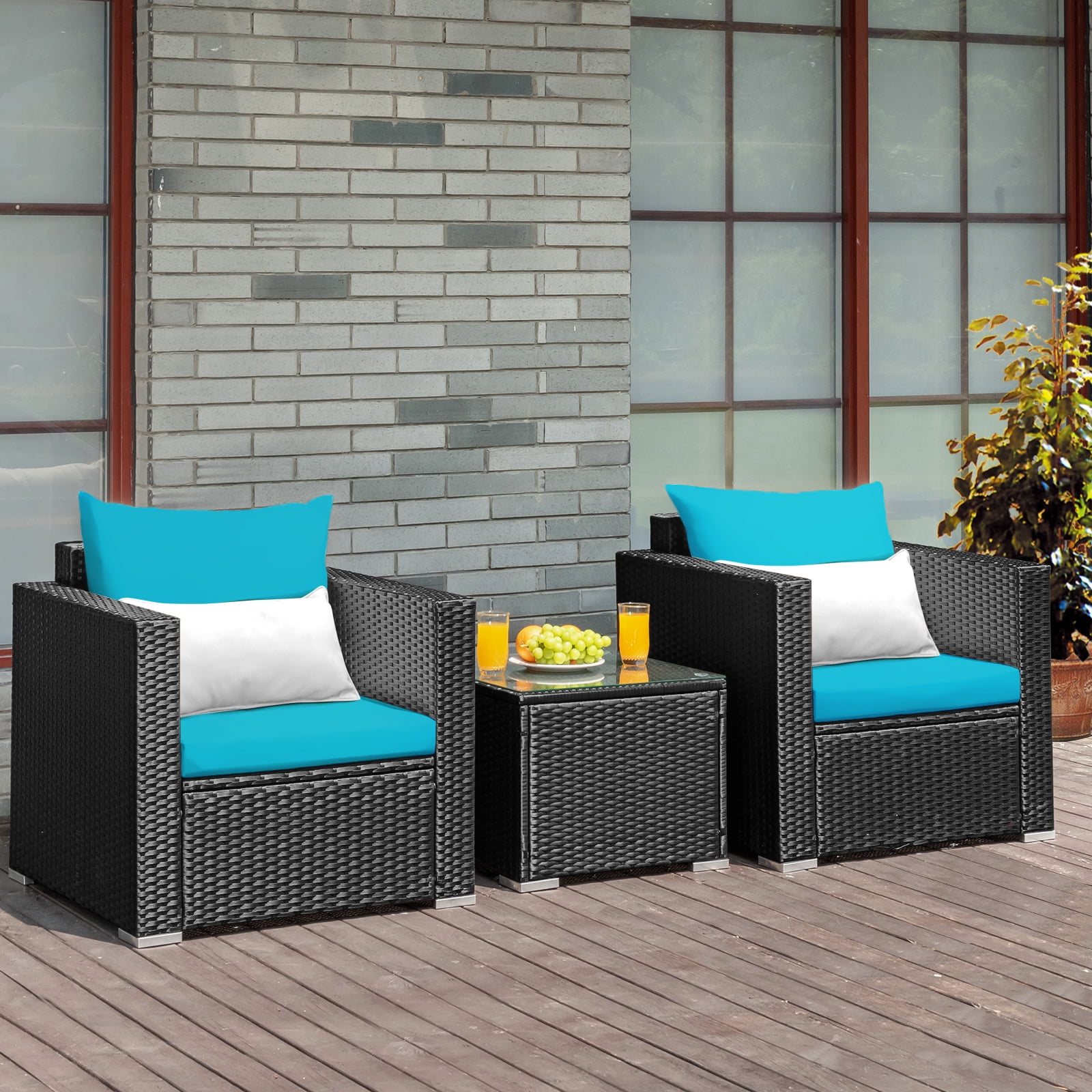 Patiojoy 3PCS Patio Rattan Furniture Conversation Set with 2 Cushioned Sofas & Coffee Table for Outdoor Turquoise