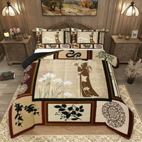 Manfei Ancient Geisha Princess Bedding Comforter Set, Lotus Flower Floral Twin Comforter Sets, Vintage Japanese Style Reversible Bedding Set, Breathable Home Decor, 2-Piece