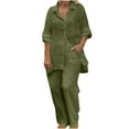 thumbnail image 3 of YUGYXL Women's 2 Piece Set Summer Linen Vacation Outfits Fashion Button Lapel Half Sleeve Shirts and Wide Leg Pants Casual Loungewear Outfits Gift for Girlfrind Army Green,S, 3 of 8