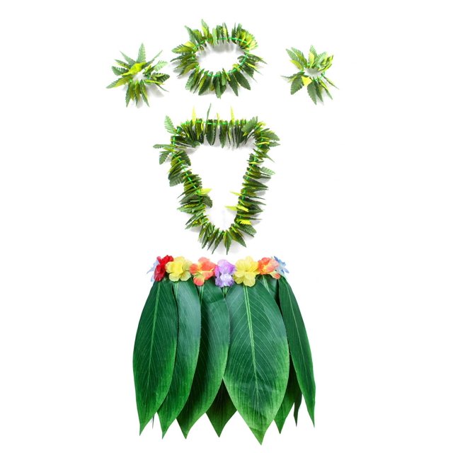 Falda hawaiana de hierba con hojas de Hula, collares, pulseras, diadema, suministros para fiesta Luau (5 unidades), color verde