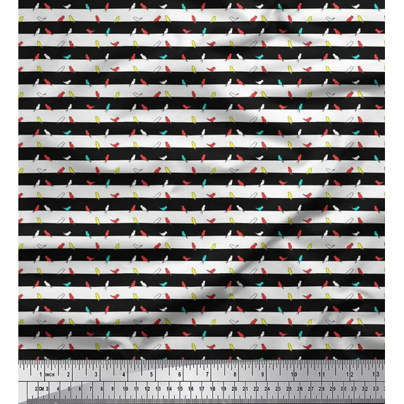 Soimoi Cotton Cambric Fabric Stripe & Bird Shirting Print Fabric by The Yard 56 Inch Wide