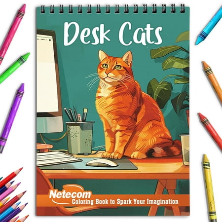 Netecom Desk Cats Coloring Book for Adults Spiral Bound Soft Cover