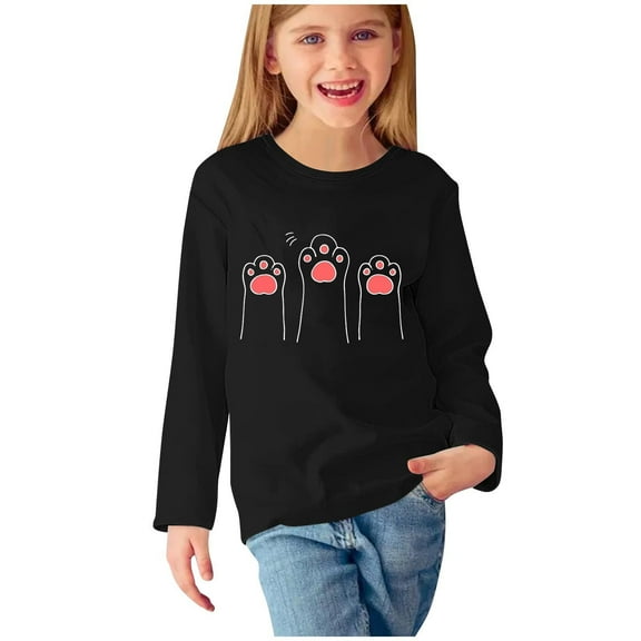 Zwiiyzr 3-14Y Boys Girls Fall Clothes Long Sleeve Pullover Tops Crewneck Prints Shirts Cute Tops Dressy Casual Kids Sweatshirts Black