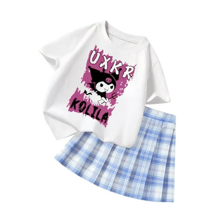 Ku-romi Girls 3 Piece Outfits Cartoon Crewneck Long Sleeve Pullover Sweatshirt + Plaid Pleated Mini Skirt + Bag Sets