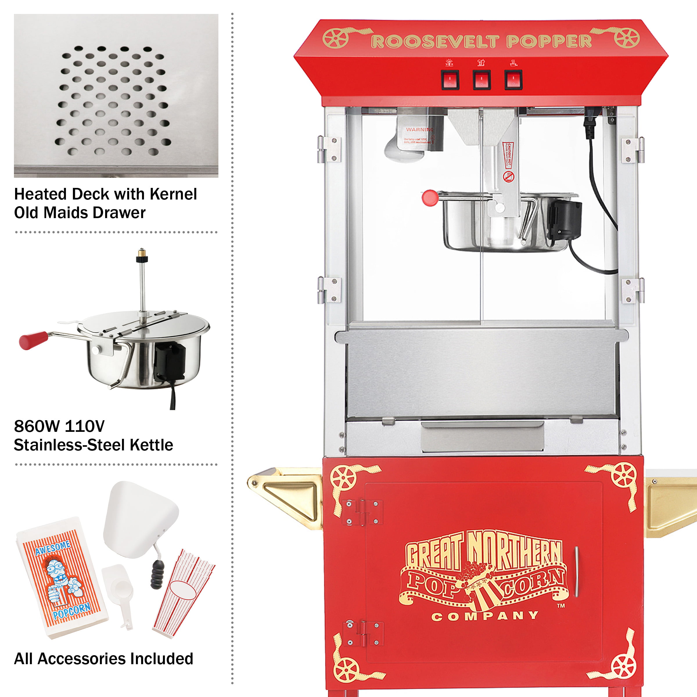 Matinee Popcorn Machine - 8oz Popper with Stainless-Steel Kettle, Reject  Kernel Tray, Warming Light, and Accessories by Great Northern Popcorn (Red)