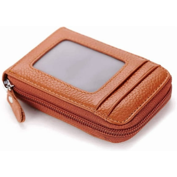 Premium Leather Slim Zipper Business/Credit Card Wallet Case Holder with Clear Photo Slot, Security Travel Wallet(Orange) Orange M