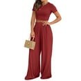 thumbnail image 3 of Liher 2 Piece Casual Sets for Women Lounge Tracksuit Wine Red Summer Sweatsuit Set Short Sleeve O Neck Top and Relax Fit Wide Leg Pant Set Clothes Size M, 3 of 4