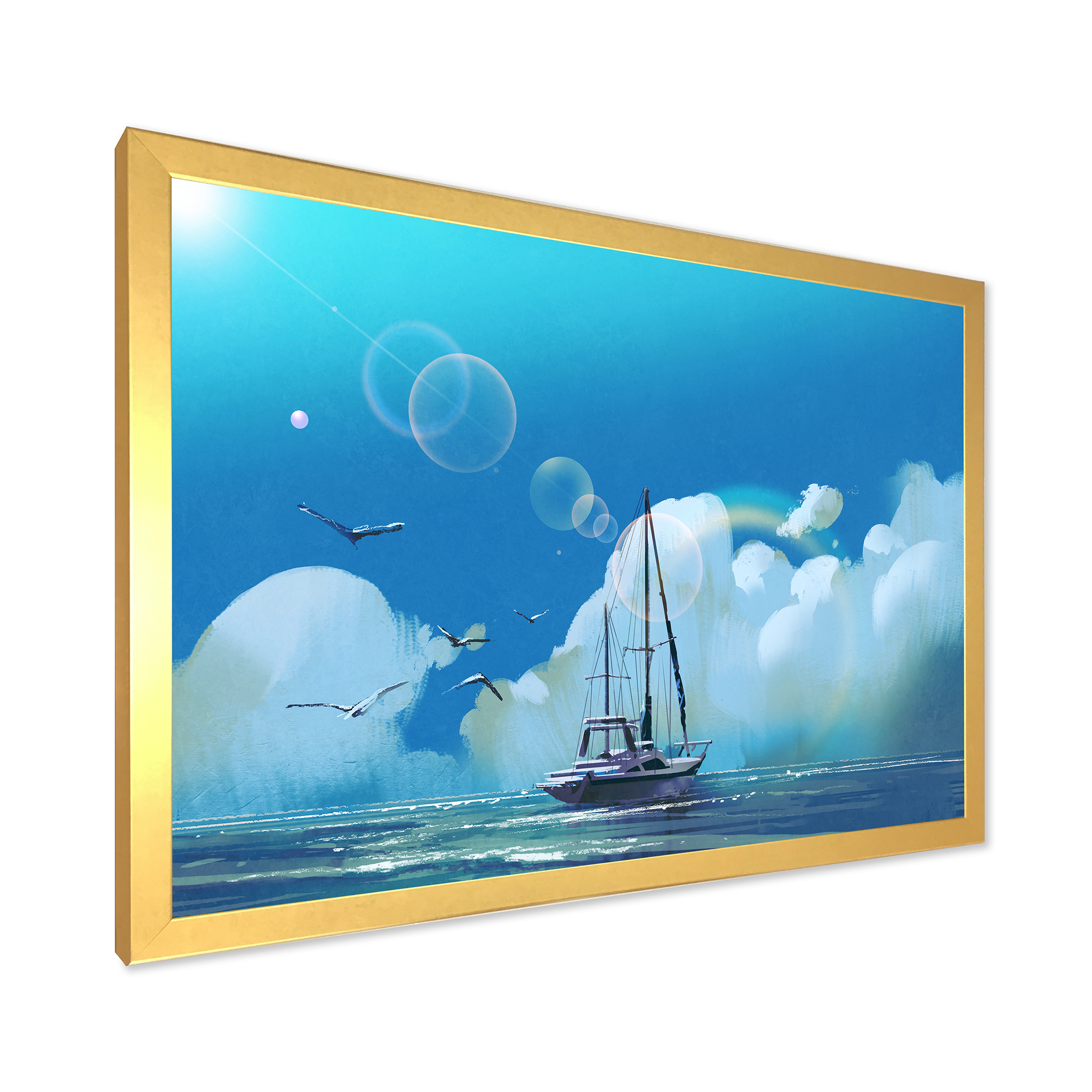 Designart 'The Sailboat On The Blue Sea Against Summer Clouds Sky' Nautical & Coastal Framed Art Print