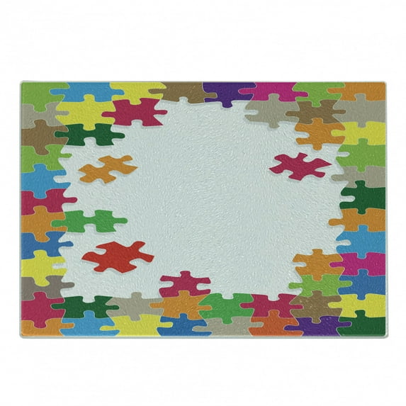 Board Game Cutting Board, Colorful Jigsaw Puzzle Theme Geometric Shapes Composition Nursery Style Design, Decorative Tempered Glass Cutting and Serving Board, in 3 Sizes, by Ambesonne