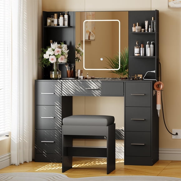 Makeup Vanity Desk with Mirror and Lights, 7 Drawers and Power Outlets & USB, Hair Dryer Holder and Cushioned Stool Included, Bedroom Dressing Table for Women, Black