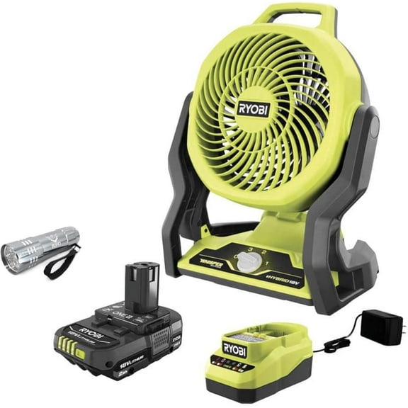 Portable Fan Bundle with Ryobi 18V Cordless Hybrid Whisper Series 7-1/2 inch Fan, 2.0 Ah Battery, 18-Volt Charger, and Buho Flashlight