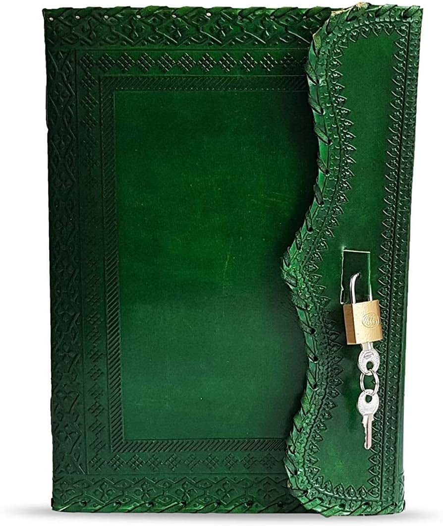 10' Leather Journal with lock Writing Pad Blank Notebook Handmade Notepad Men & Women Unlined Paper Best Present Art Sketchbook Travel Diary To Write Book Of Shadow Refillable Grimoire Green