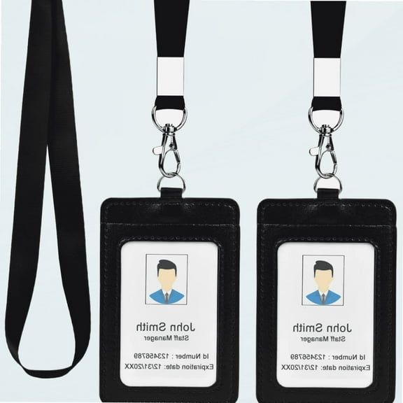 Badge Holder ID Card Protector Vertical PU Leather with 1 Clear ID Window 1 Credit Card Slot and a Detachable Neck Lanyard, Pack of 2