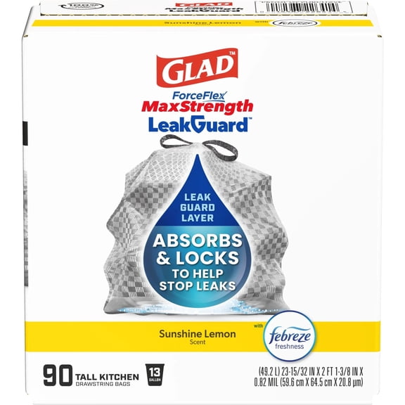 Glad ForceFlex MaxStrength LeakGuard Tall Kitchen Trash Bags, 13 Gal, Sunshine Lemon Scent, 90 Ct