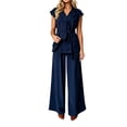 thumbnail image 5 of Naotn Womens Summer 2 Piece Outfits Casual Blazer Collar Short Sleeve Lace Up Shirt and Wide Leg Pants Sets Dressy Business Matching Suit Sets, 5 of 6