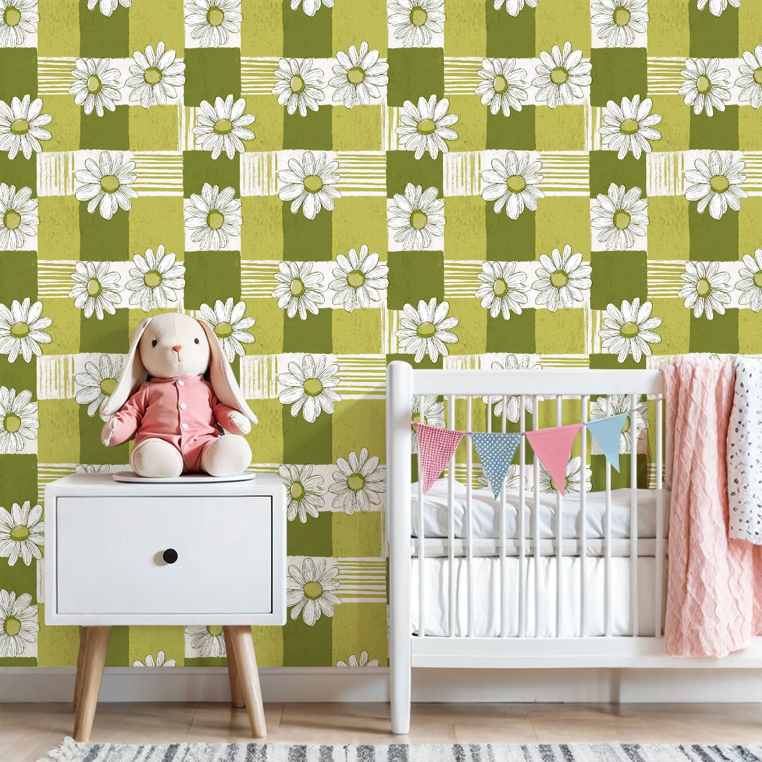Sage Green Peel and Stick Wallpaper Green White Daisy Floral Stripes Squares Wall Mural 23.6in x 9.8ft Self Adhesive Removable Wall Paper Renter Friendly Wallpaper for Girls Bedroom