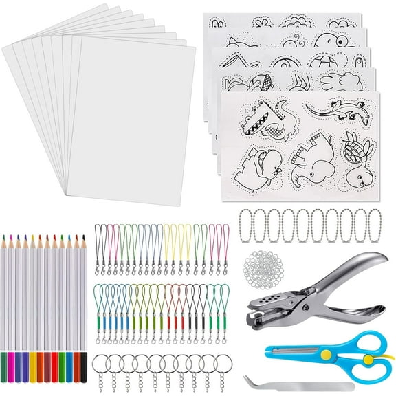 Wekvgz 200pcs Heat Shrink Plastic Sheet Kit Shrinky Art Keychain Kit with 25 Sheets Shrink Plastic Sheet Key Rings Colored Pencils Creative Shrinky Craft Making Kit for Kids Key Rings Jewelry