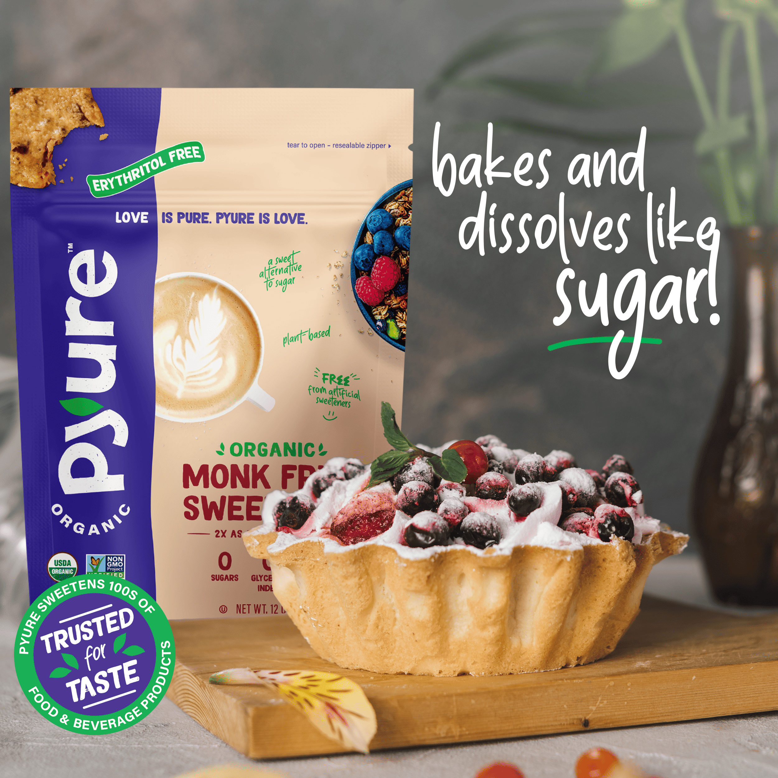 (6 pack) Pyure Organic Monk Fruit Sweetener | White Sugar Substitute for Baking, Coffee & Tea | Zero Carb, Zero Calorie, Keto, Plant-Based, Non-GMO, Gluten-Free, USDA Organic | 12 oz Granulated Blend