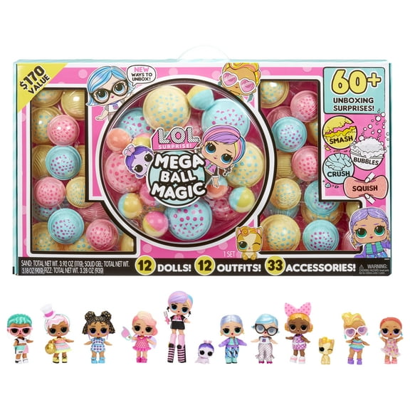 LOL Surprise Mega Ball Magic w/ 12 Collectible Dolls, 60  Surprises, 4 Unboxing Experiences, Squish Sand, Bubbles, Gel Crush, Shell Smash, Limited Edition Doll