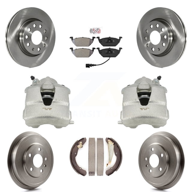 Transit Auto Front Rear Disc Brake Caliper Rotors Drums Semi-Metallic Pads Kit (8Pc) for Car Volkswagen Jetta with 280mm Diameter Rotor KC8-101446N