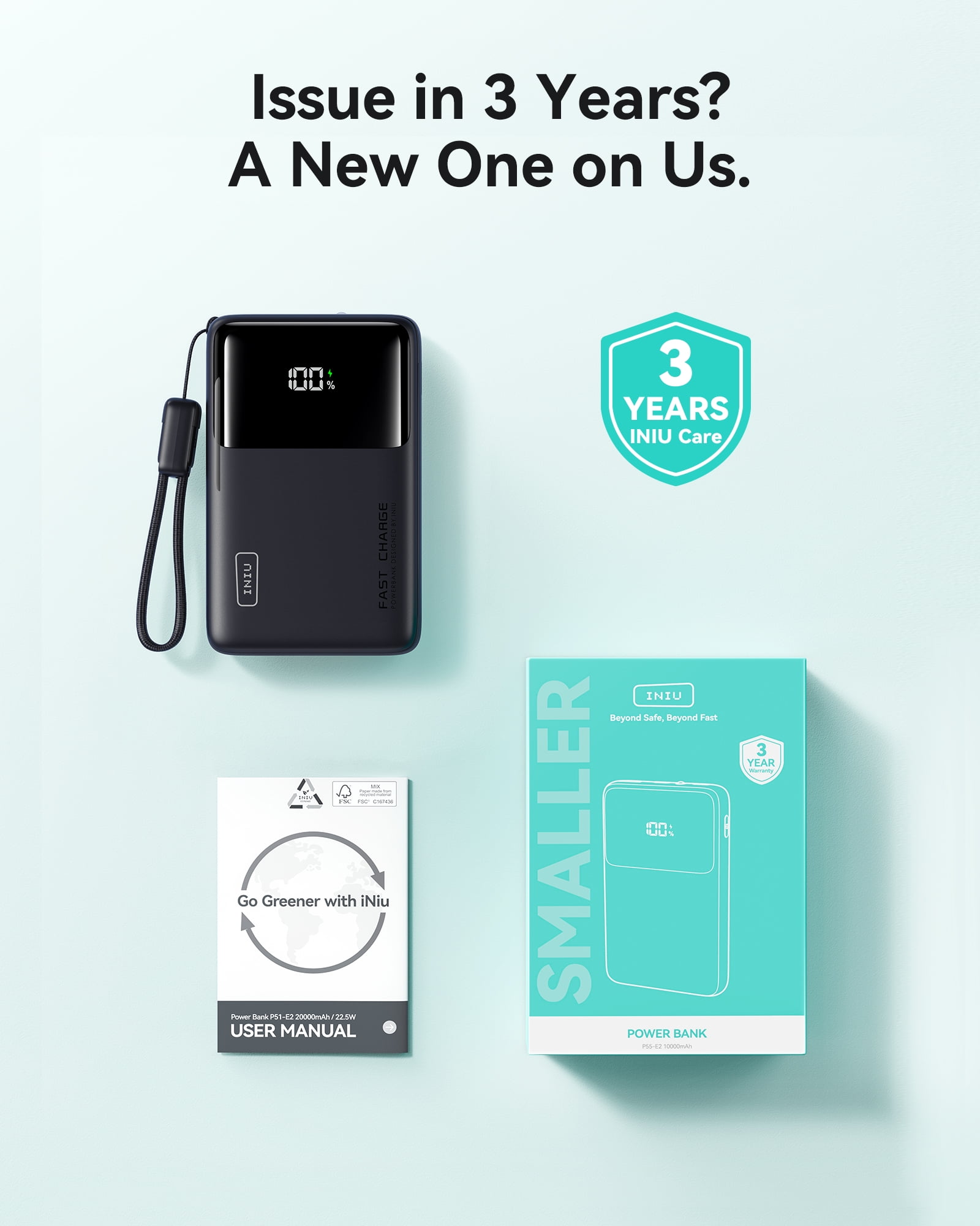 INIU 10,000 mAh Portable Power Bank with USB-C Cable, 45W Fast Portable Charger, Battery Pack with LED Display Compatible with iPhone and Android Phone,Hiking,Travel Essentials, Black