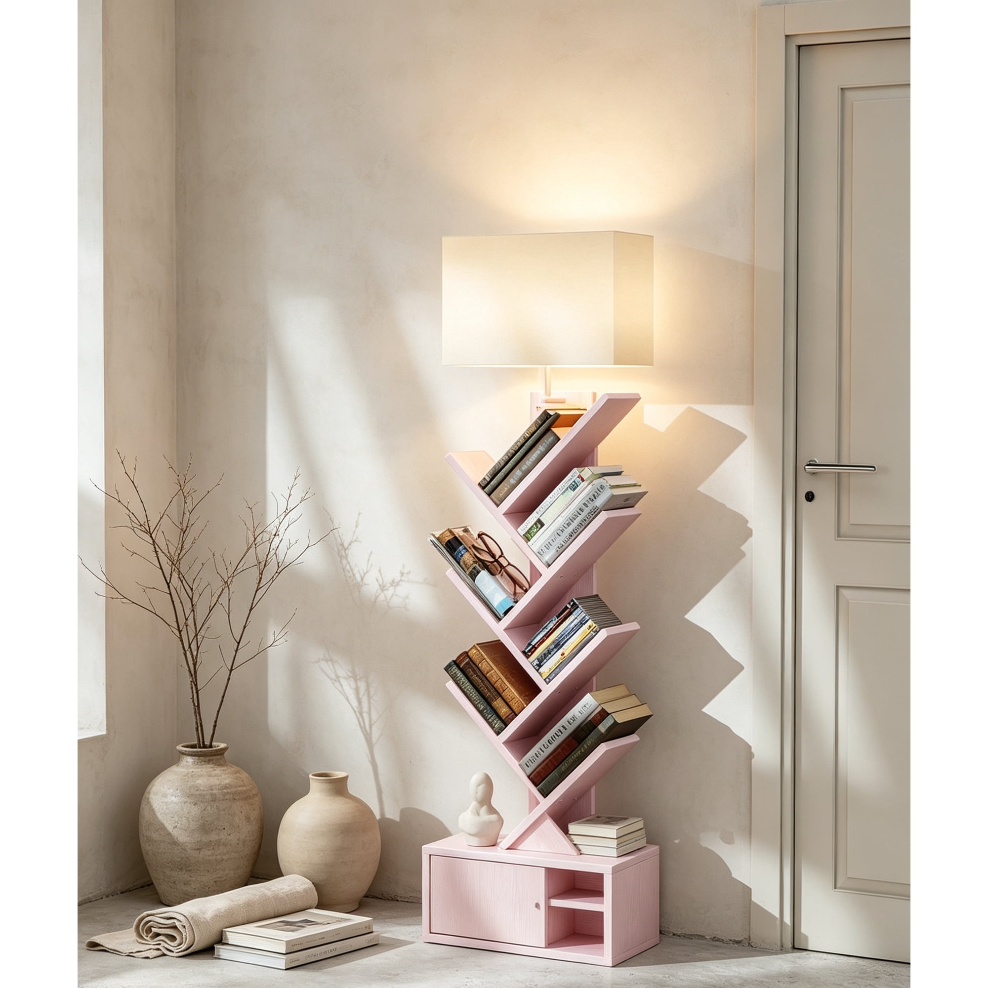 6-Tier Tree Bookshelf with Light Narrow Bookcase Tower Tall Floor Standing Book Shelf Organizer with Storage Cabinet for Living Room Bedroom Home Office Pink