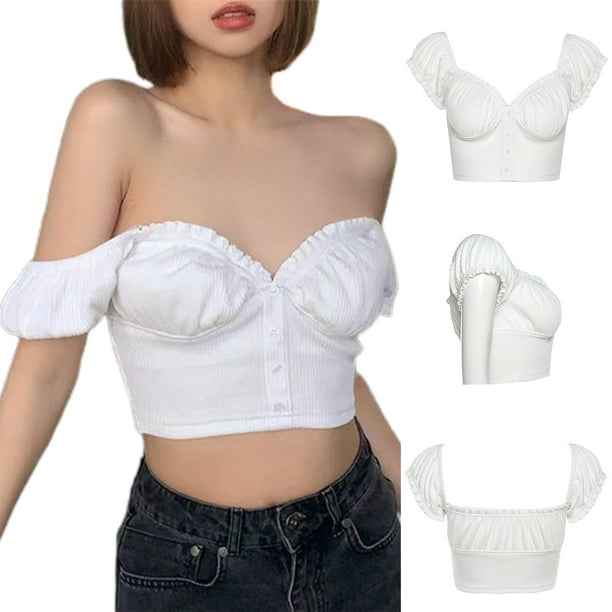 Txlixc Mujeres Moda Manga corta Color sólido Tops Elegante fuera del hombro Crop Top Txlixc Sexy