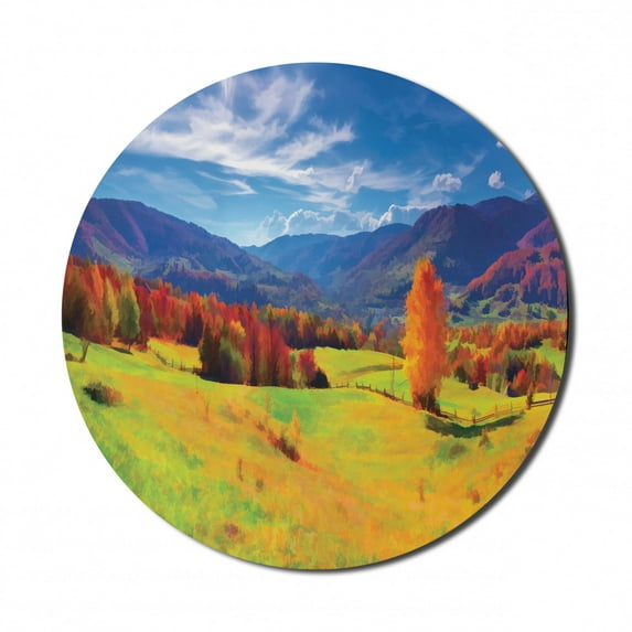Autumn Mouse Pad for Computers, Alpine Mountains with Farmland Fall Season Forest European Landscape Illustration, Round Non-Slip Thick Rubber Modern Mousepad, 8" Round, Multicolor, by Ambesonne