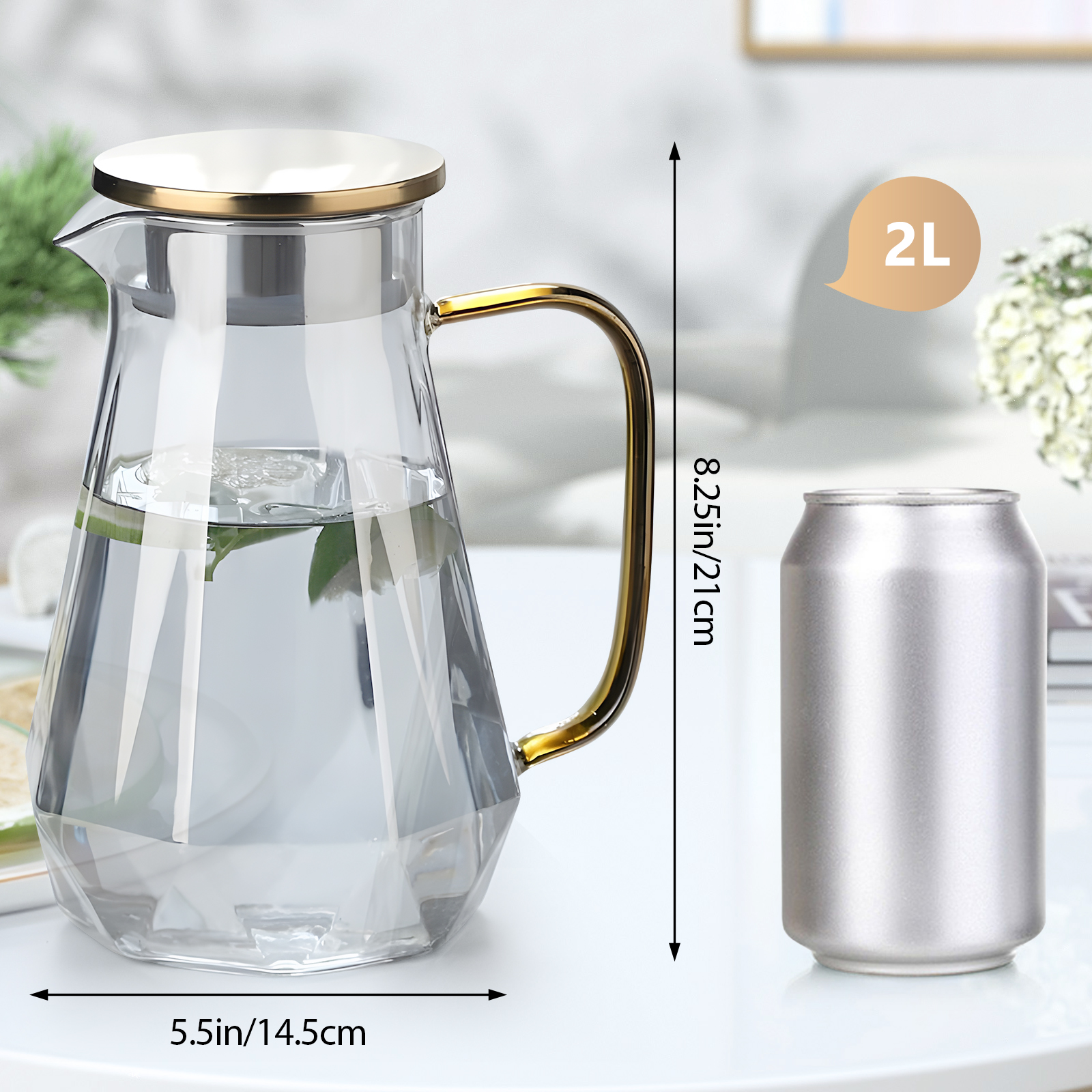 2000ml BPA-Free Water Pitcher with Gold Diamond Pattern Lid, Lead-Free Plastic Water Dispenser Safe for Dishwasher, Temperature Resistant from -4°F to 302°F (Clear)