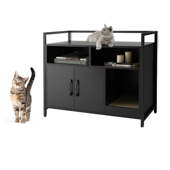 Infans Large Litter Box Enclosure Cat Wooden Storage Cabinet with 2 Doors Black