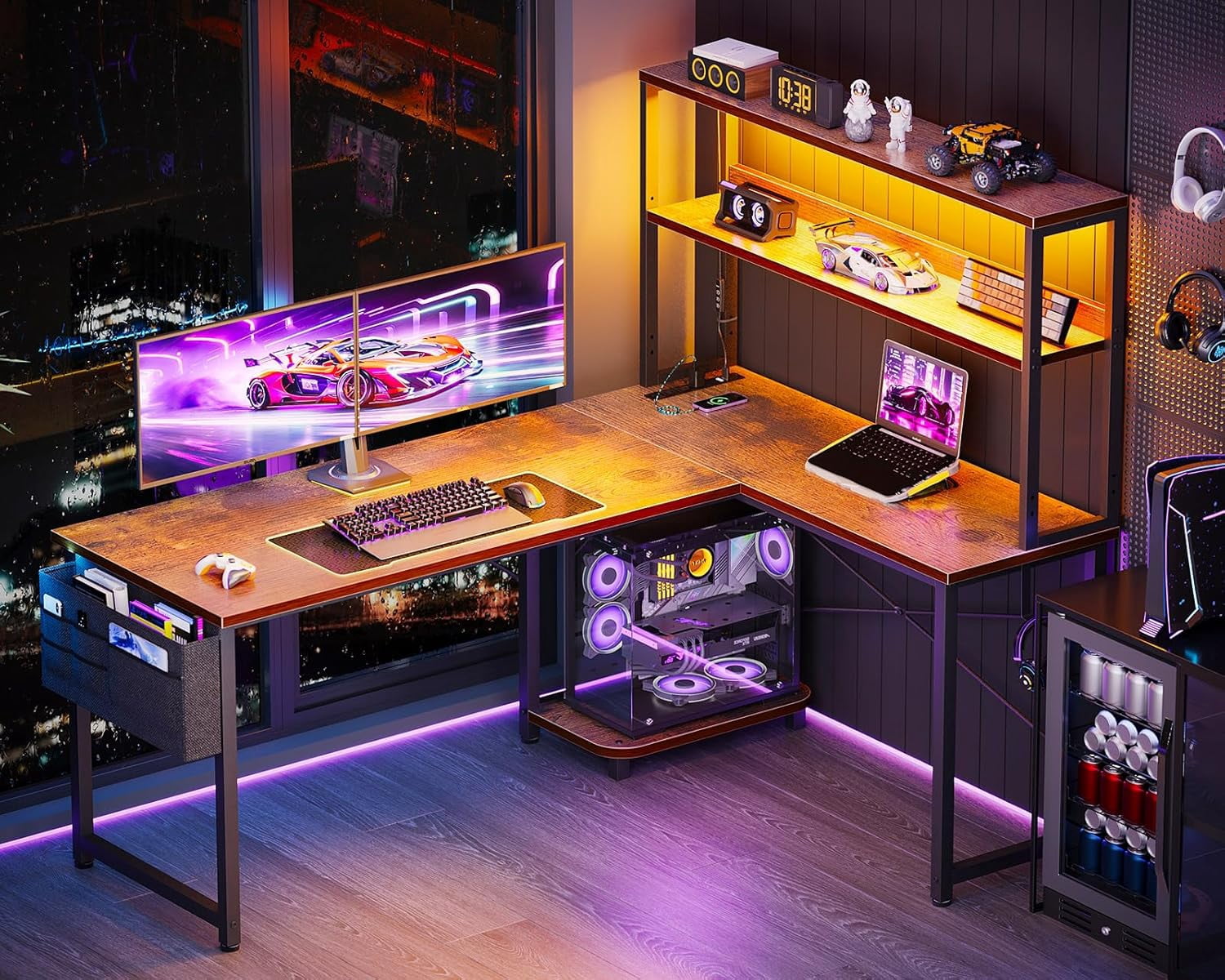 53 Inch L Shaped Desk with LED Lighting, Reversible Gaming Desk with Power Outlets, Cornor Computer Table with Storage Shelves & Bag & Iron Hook, Home Office Table for Writing, Study, Vintage