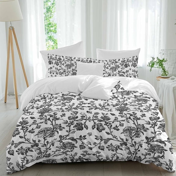 Vintage Black Floral Duvet Cover Set Twin Size, Farmhouse Flower 4 Piece Soft Microfiber Bedding Set with 1 Duvet Cover, 1 Flat Sheet, 2 Pillowcases