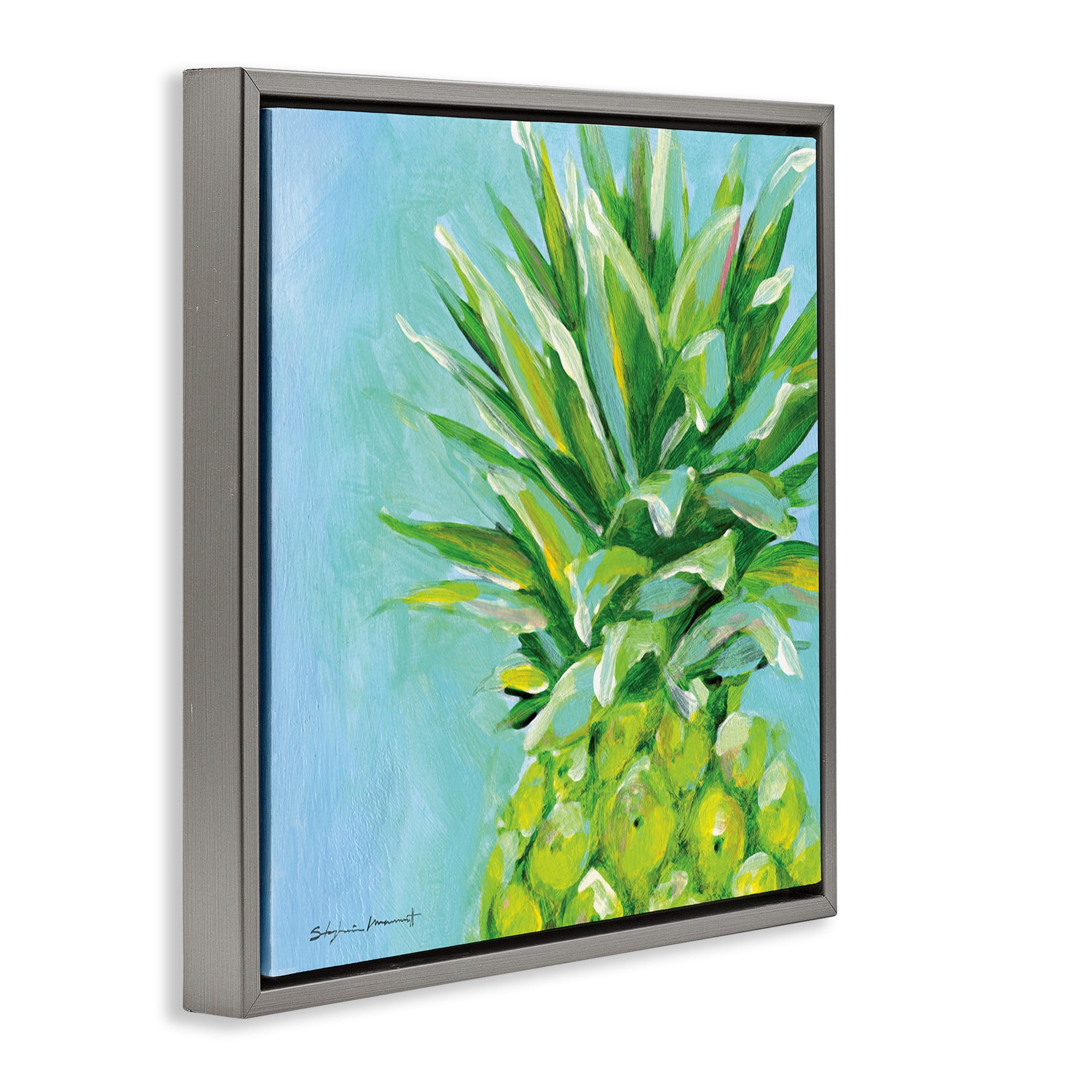 Stupell Industries Tropical Pineapple on Blue Food & Beverage Painting Gray Floater Framed Canvas Art Print Wall Art, 18 x 18