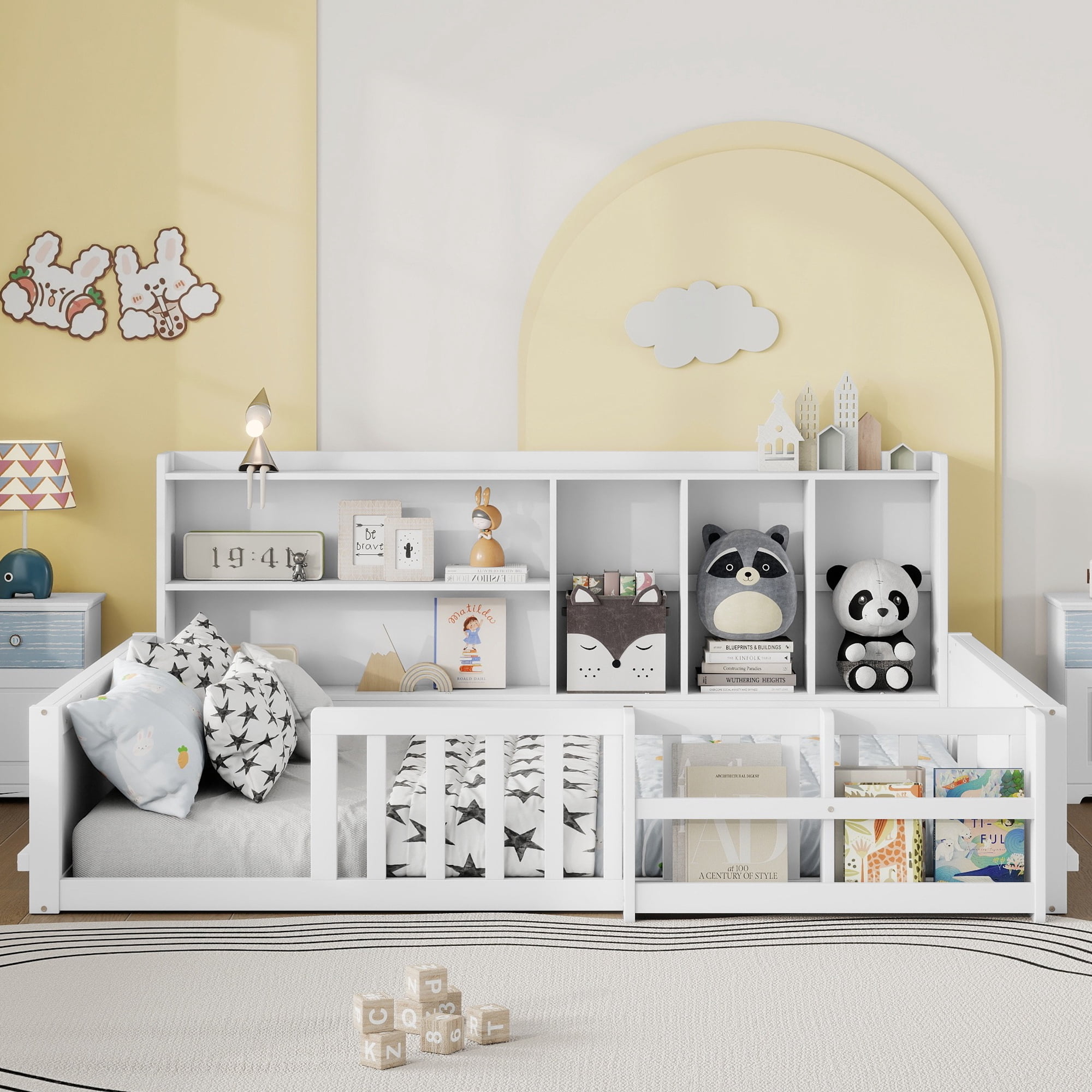 Mintazer Full Size Montessori Floor Bed with Bookshelf & Guardrails, Kids Platform Bed Frame with Storage Cubbies for Bedroom, White