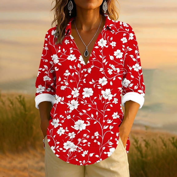 Qulqfy Women's Shirts Red Linen Floral Long Sleeve Plus Size Blouse with Collar Trendy Spring Tops for Women L