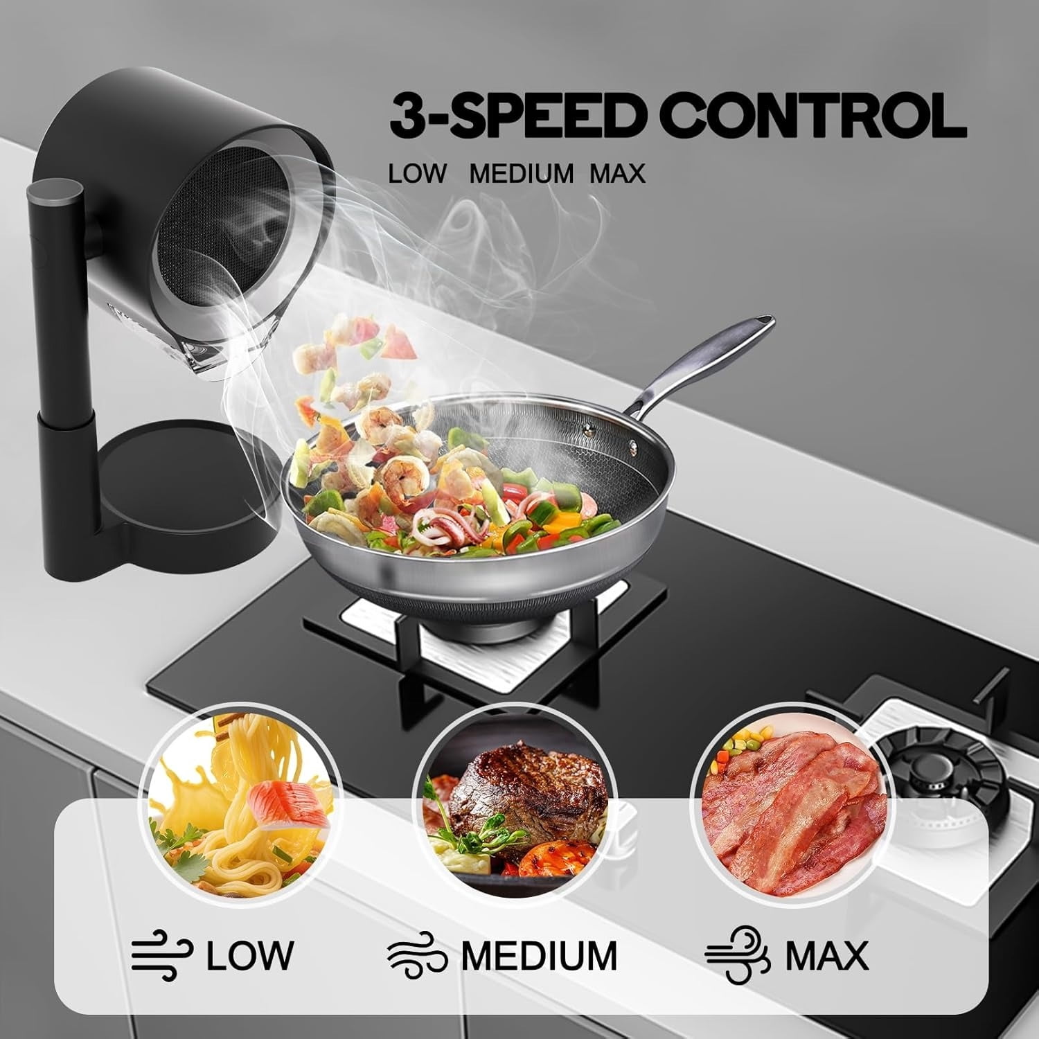 Portable Range Hood, Portable Kitchen Exhaust Fan with 3 Speeds for Indoor BBQ/Hot Pot/RV, Desktop Range Hood with Telescoping Height, Low Noise, Large-Caliber Aluminum Filter &Oil Cup