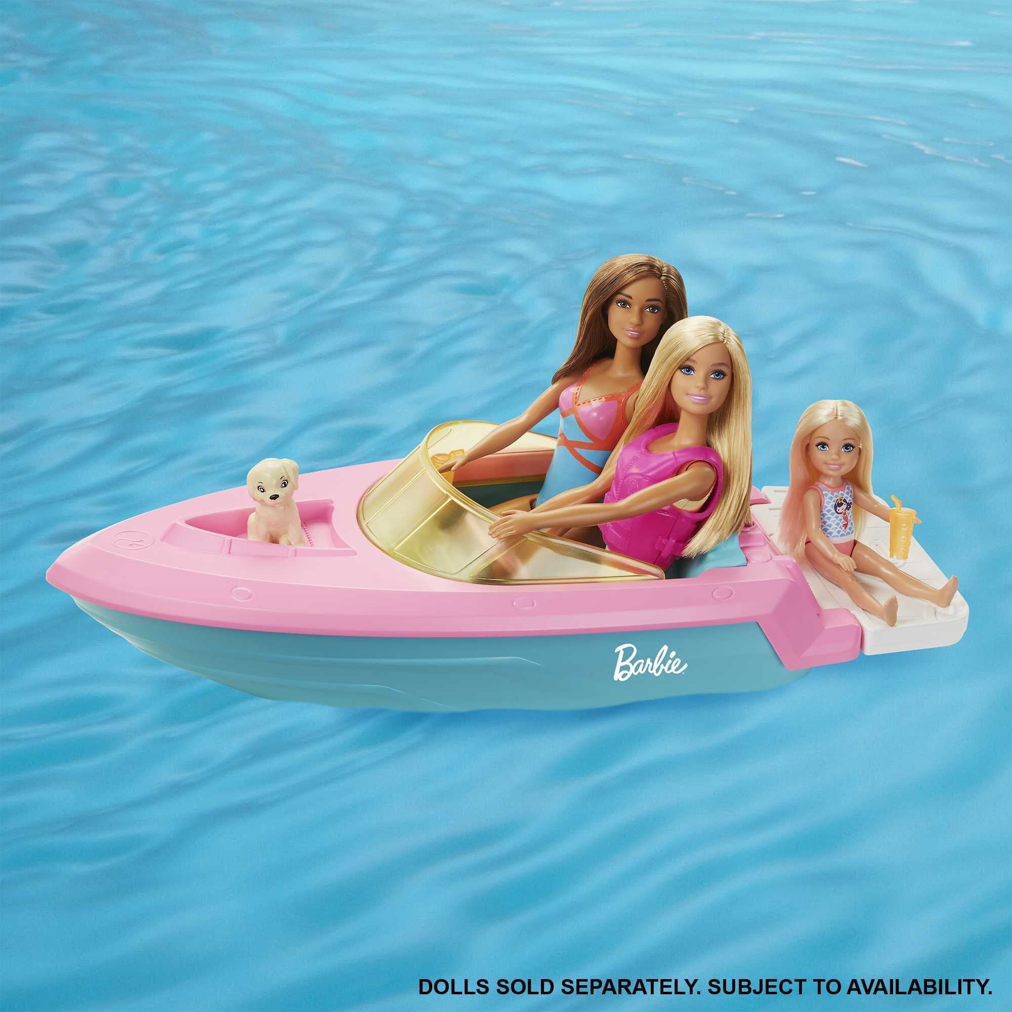 Barbie Toy Boat Set with Puppy, Life Vest and Beverage Accessories
