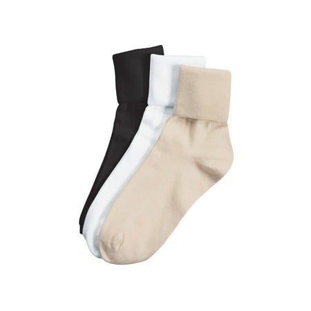 Buster Brown Women's 100% Cotton Socks -3 Pair Package Fold Over Black White Tan