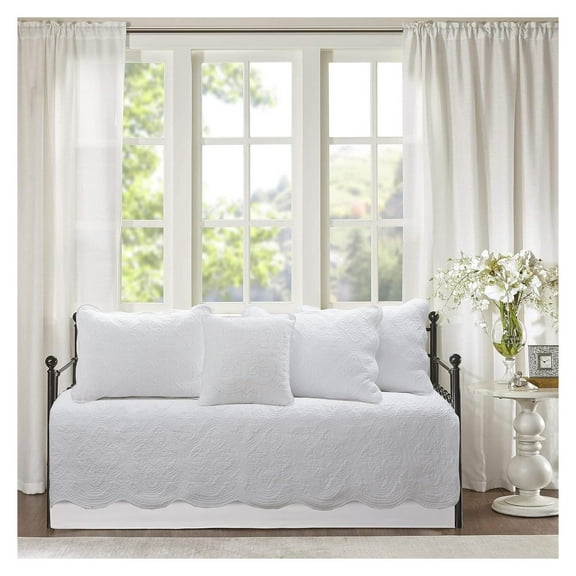 6 Piece Daybed Cover Set, Solid White Matelasse Trendy Damask Quilting with Scalloped Edges All Season Luxury Bedding with Bedskirt, Matching Shams, Decorative Pillow Blantyre - White DayBed - 6 piece