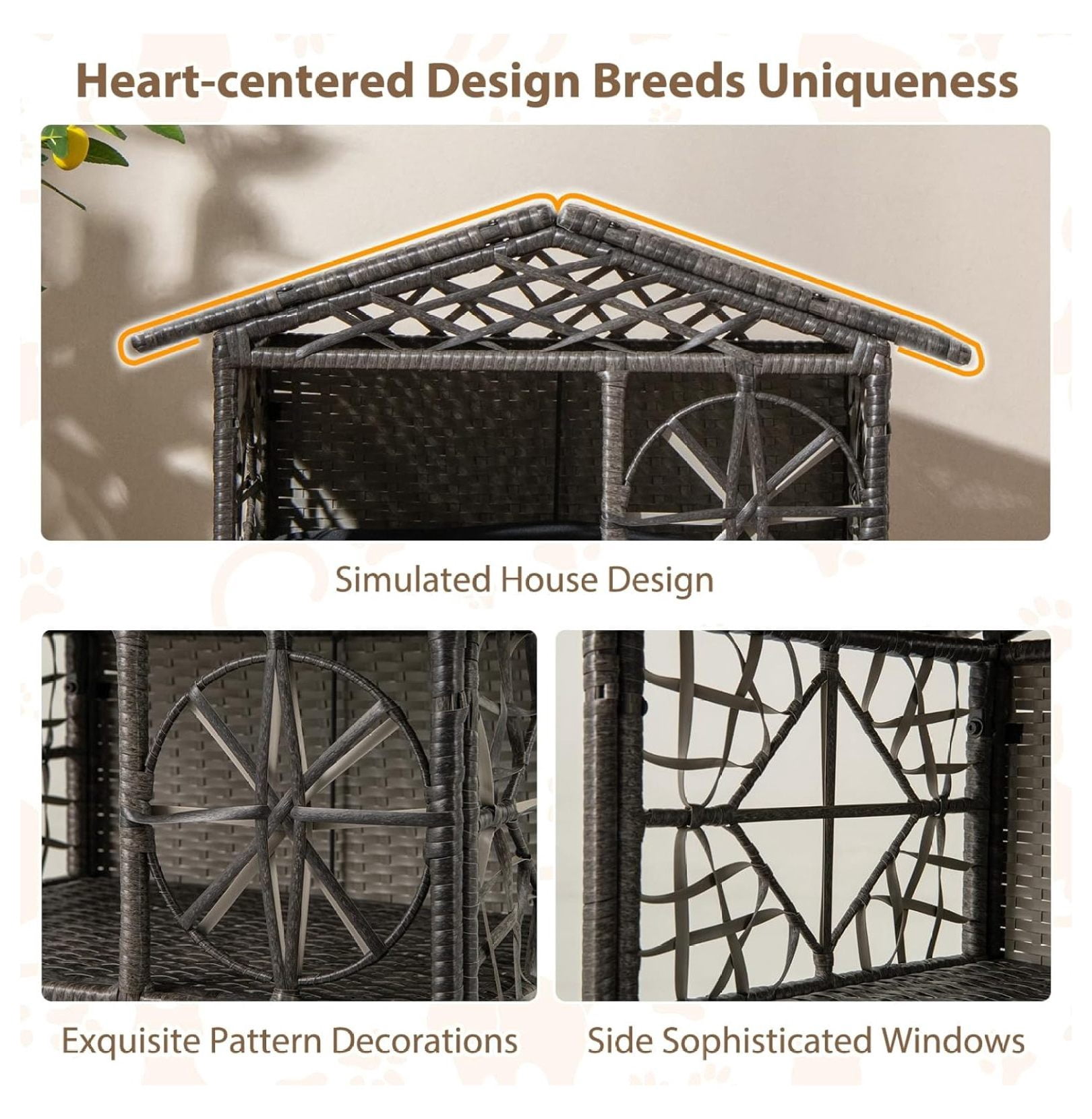2-Story Rattan Cat House, Indoor Outdoor Aesthetic Large Kitten Cave Hideaway with Soft Removable Cushions, Side Entrances, 27 x 16 x 27.5 inches