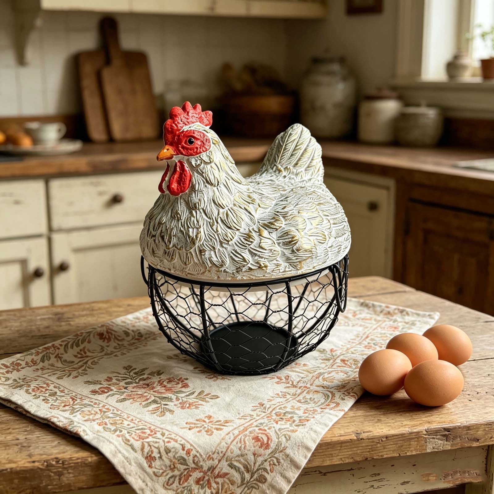 Bomd Rustic Hen Shaped Egg Basket, Ceramic Top Chicken Wire Egg Holder, Farmhouse Style Kitchen Storage Basket, Vintage Country Decor, 2 Colors, (White)