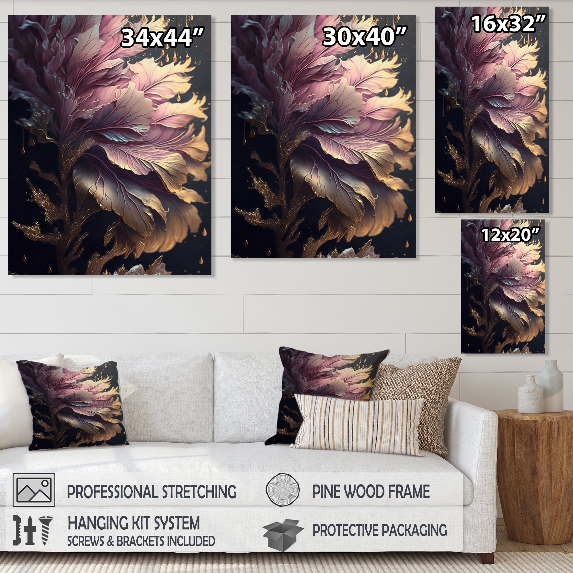 Designart Abstract Pink And Gold Leaves III Canvas Wall Art