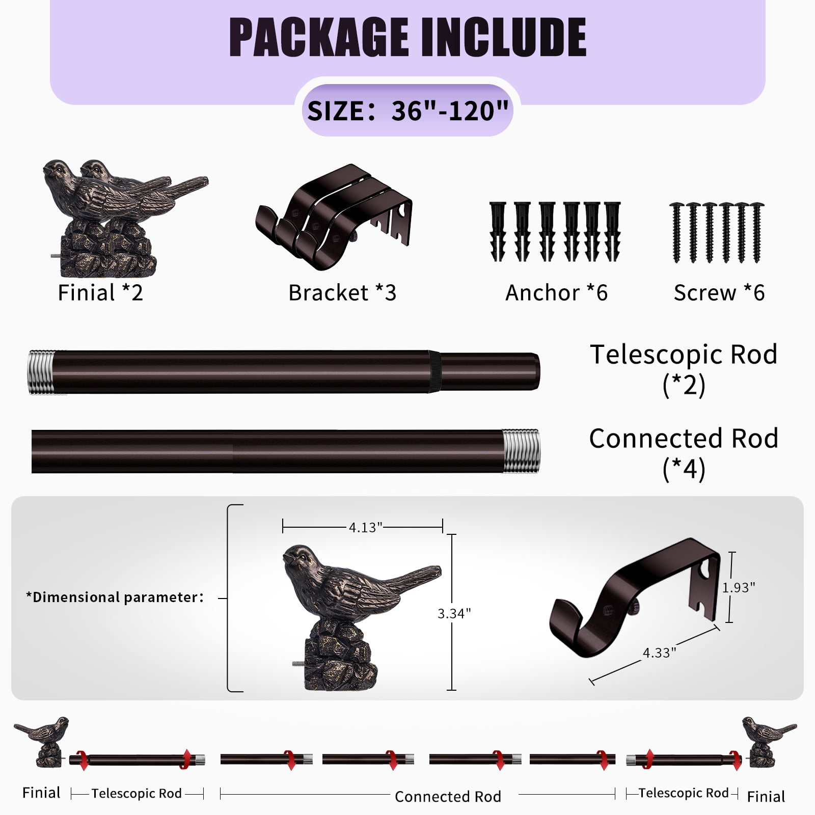 Curtain Rods 36"-120" Vintage Oil Bronze Curtain Rods for Windows Adjustable Drapery Rod with Bird Finials Heavy Duty Brown Curtains Rod for Living Room Bedroom