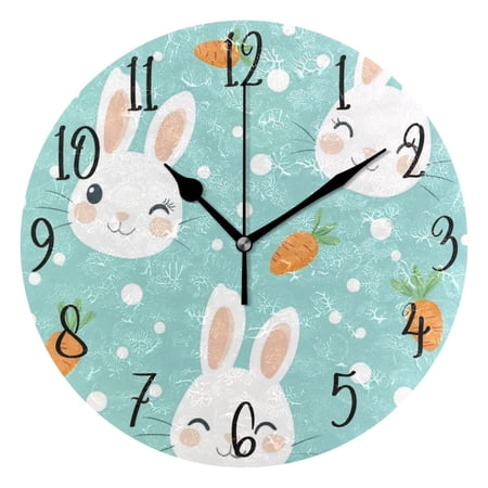 WOBOGO Cute Cartoon Rabbit and Carrot Pattern Wall Clock 10in Silent Mechanism Battery Operated Retro Style for Living Room Bedroom and Kitchen Black Pointer