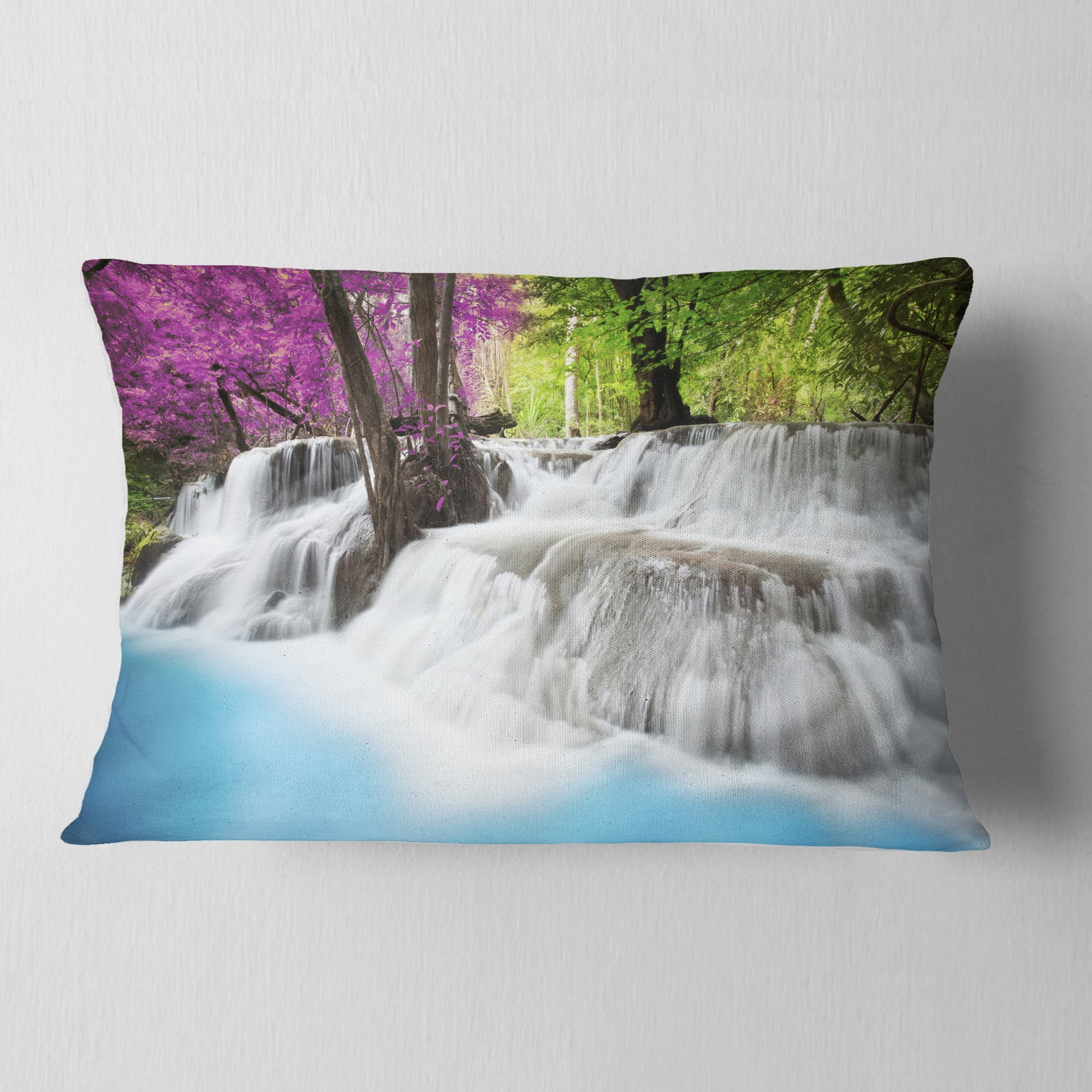 Designart Erawan Waterfall - Photography Throw Pillow - 12x20