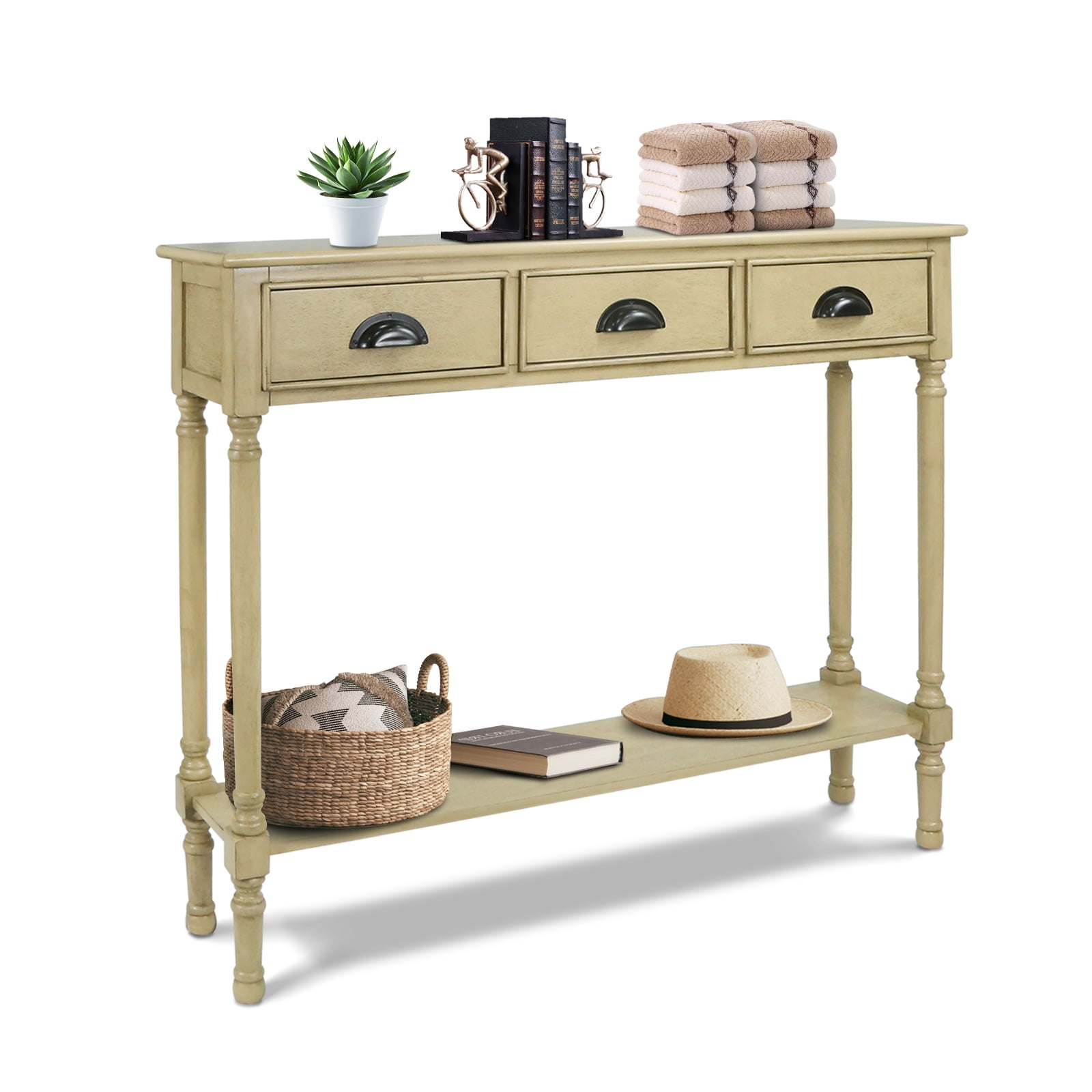 Urbanest Burlington Solid Wood Console Table with 3 Drawers & Lower Shelf – Entryway Table, Hallway Sofa Table, Narrow Accent Table for Living Room – 39.5″ × 9.5″ × 32″ – Beige Farmhouse Decor